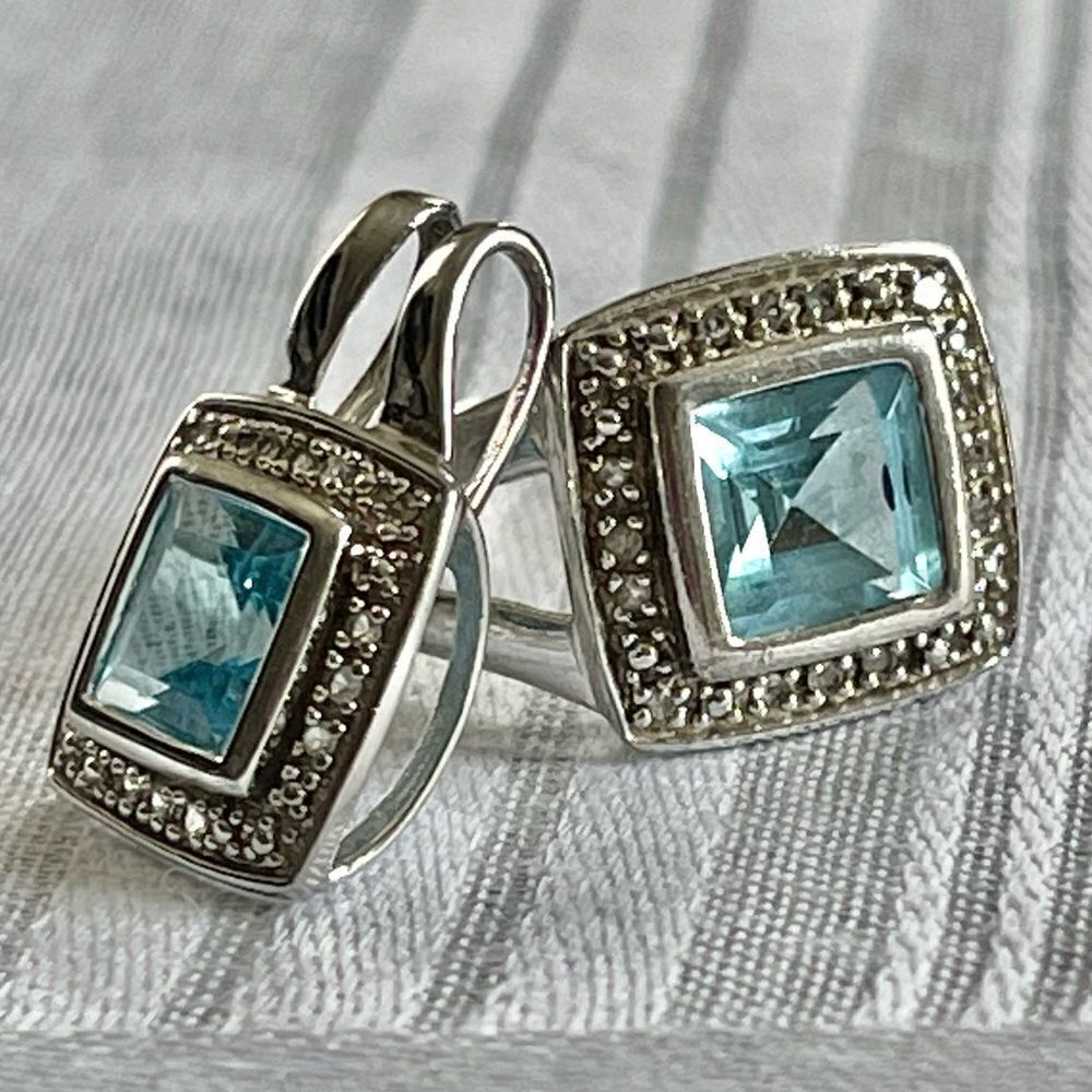 P*M .925 Sterling Silver Cushion Cut Blue Topaz Diamond Halo Ring Pendant Set